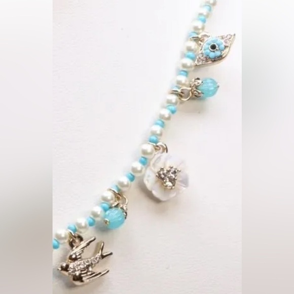 NWT MARCHESA NATURE THEME CHARM NECKLACE WITH PEARLY WHITE AND BLUE BEADS - Picture 3 of 6